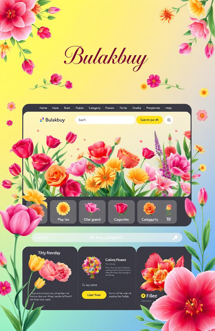 A vibrant and engaging illustration of an online flower shopping platform named 'Bulakbuy'