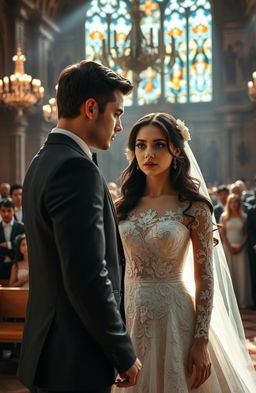 A dramatic wedding scene featuring a young woman named Veronica Amara Solaria, dressed in an elegant, intricate wedding gown with floral lace details, standing at the altar