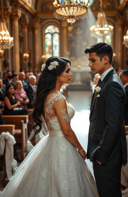 A dramatic wedding scene featuring a young woman named Veronica Amara Solaria, dressed in an elegant, intricate wedding gown with floral lace details, standing at the altar