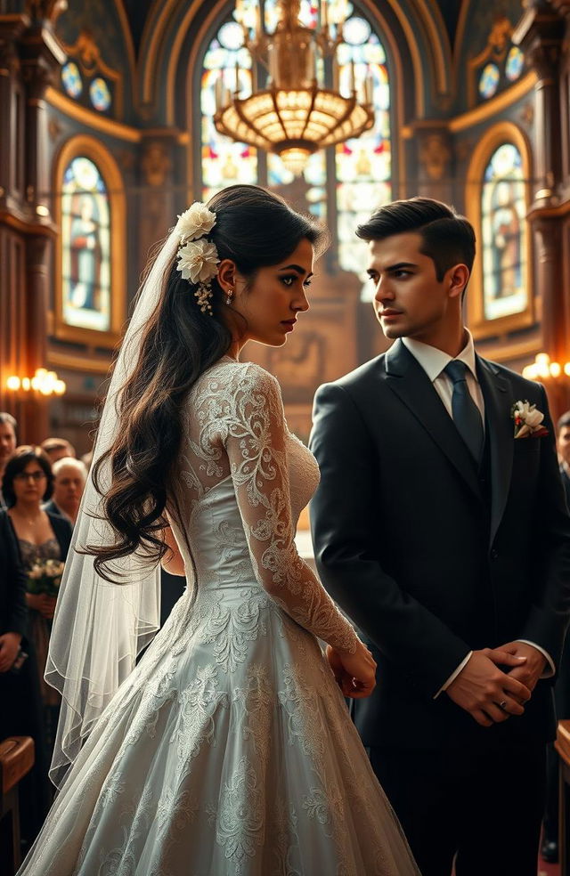 A dramatic wedding scene featuring a young woman named Veronica Amara Solaria, dressed in an elegant, intricate wedding gown with floral lace details, standing at the altar