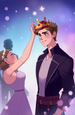 An illustration of a handsome young man receiving a crown from a beautiful young woman, with a single shadowy figure in the background