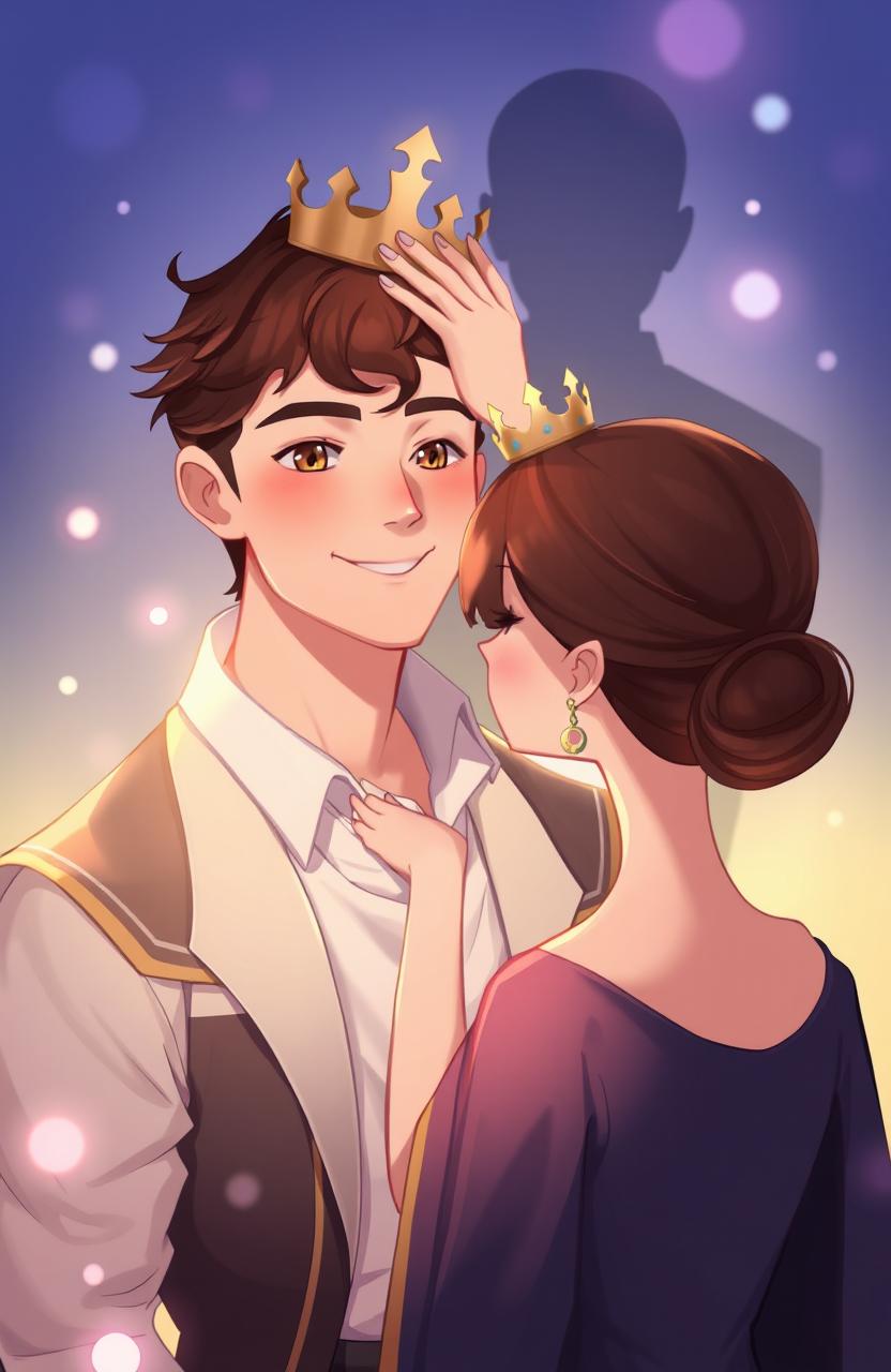 An illustration of a handsome young man receiving a crown from a beautiful young woman, with a single shadowy figure in the background