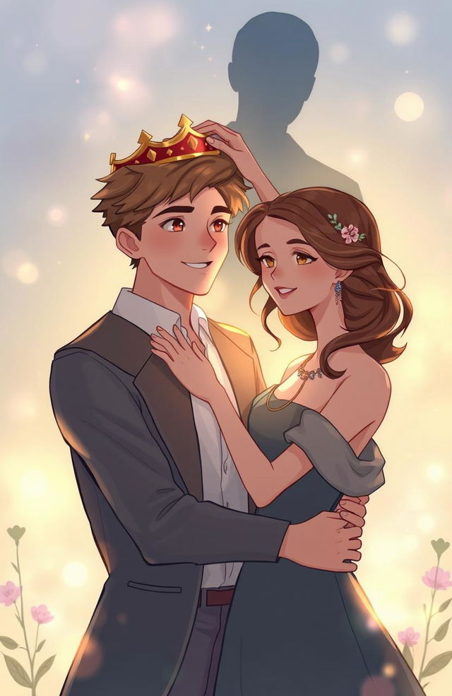 An illustration of a handsome young man receiving a crown from a beautiful young woman, with a single shadowy figure in the background