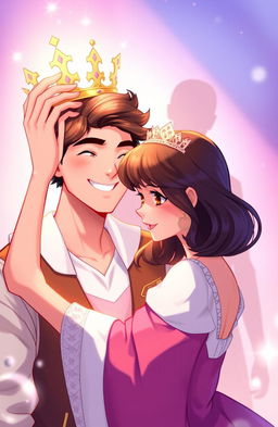 An illustration of a handsome young man receiving a crown from a beautiful young woman, with a single shadowy figure in the background