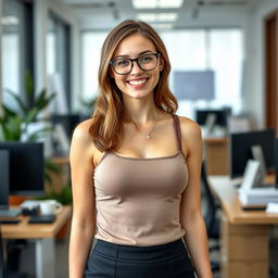 A 22-year-old buxom female secretary, smiling warmly in her office environment