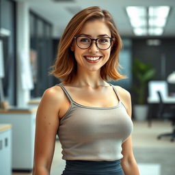 A 22-year-old buxom female secretary, smiling warmly in her office environment