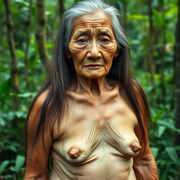 A 90-year-old Thai woman with long hair and a deeply wrinkled face