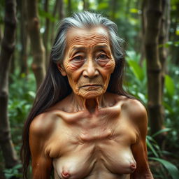 A 90-year-old Thai woman with long hair and a deeply wrinkled face