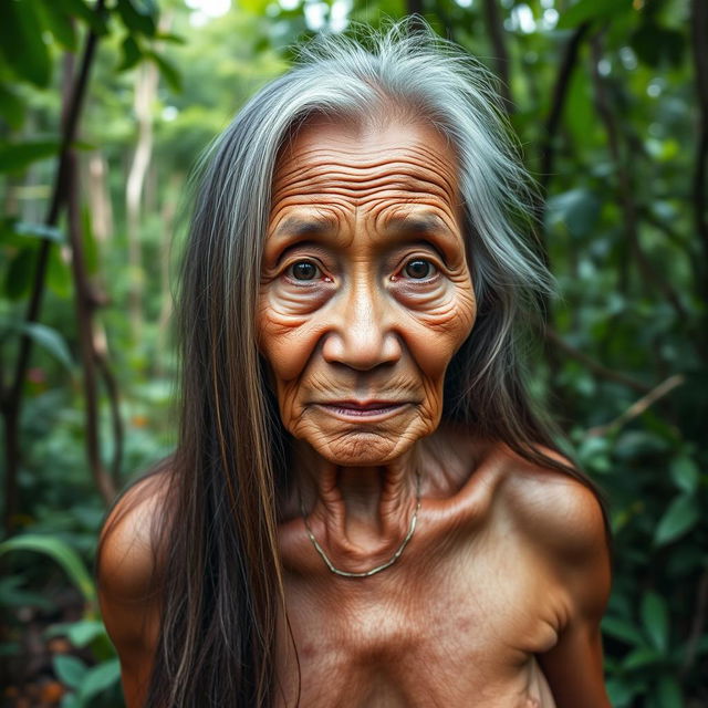 A 90-year-old Thai woman with long hair and a deeply wrinkled face