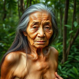 A 90-year-old Thai woman with long hair and a deeply wrinkled face