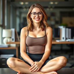 A 22-year-old buxom female secretary, sitting cross-legged in her office with a sexy smile