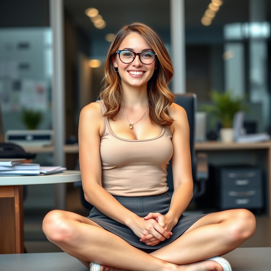 A 22-year-old buxom female secretary, sitting cross-legged in her office with a sexy smile