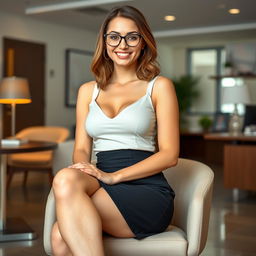 A 22-year-old buxom female secretary, sitting on a chair with her legs crossed and a sexy smile