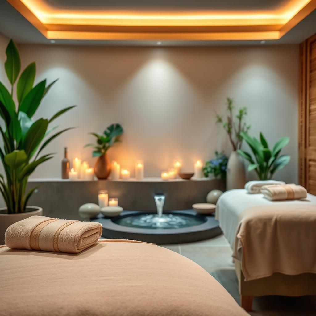 A tranquil spa scene featuring a serene and inviting environment, with soft ambient lighting, natural wood accents, and lush green plants