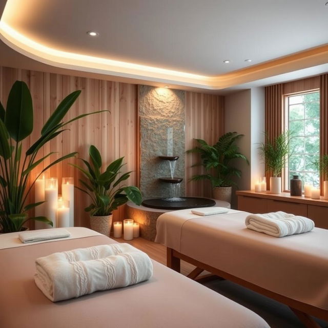 A tranquil spa scene featuring a serene and inviting environment, with soft ambient lighting, natural wood accents, and lush green plants