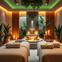 A tranquil spa scene featuring a serene and inviting environment, with soft ambient lighting, natural wood accents, and lush green plants
