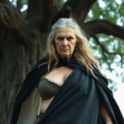 An 80-year-old woman with long hair and an angry expression stands under a large tree
