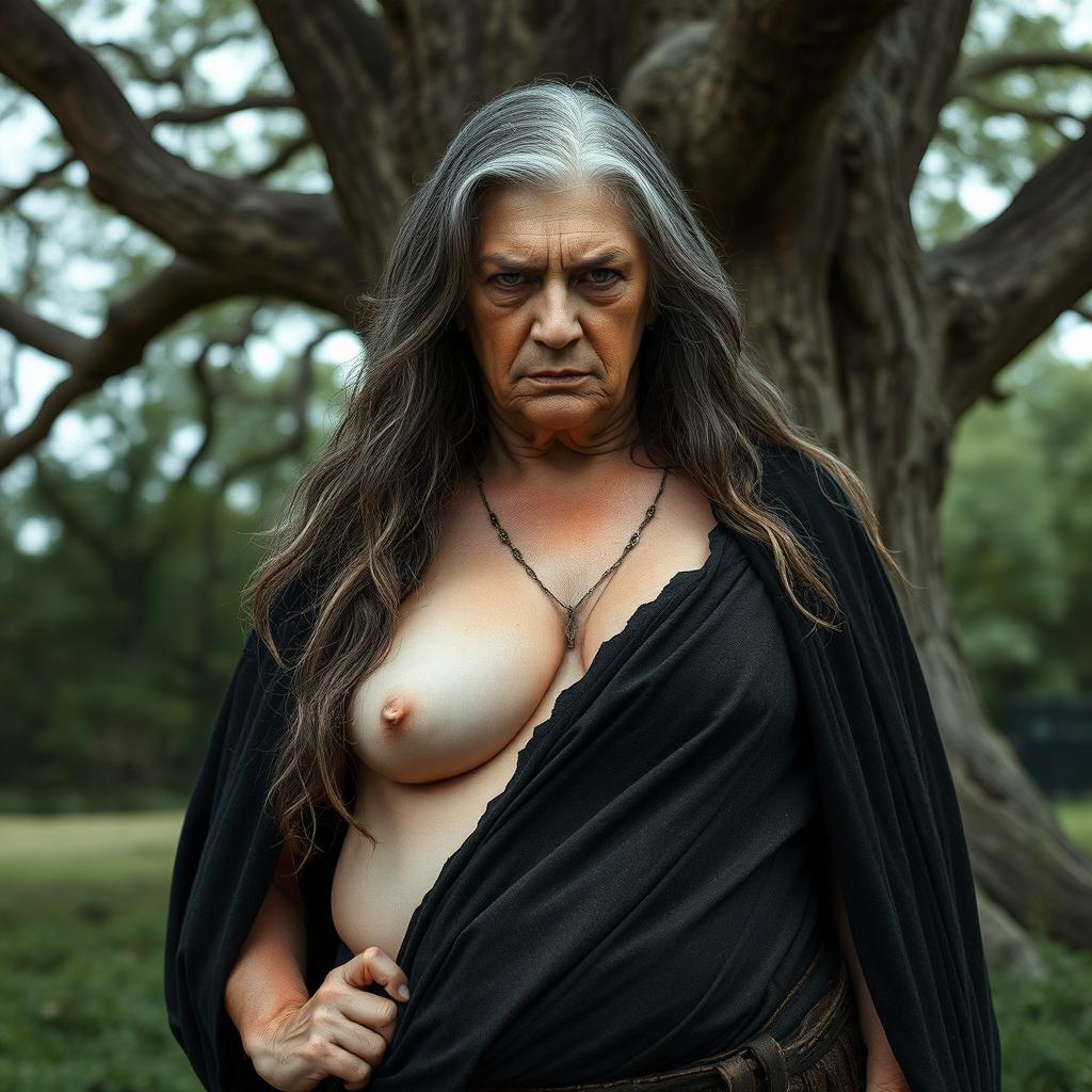 An 80-year-old woman with long hair and an angry expression stands under a large tree