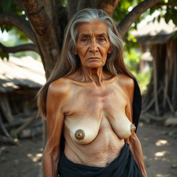 An 80-year-old Thai woman standing under a tree, exhibiting a long hair and an angry expression on her face