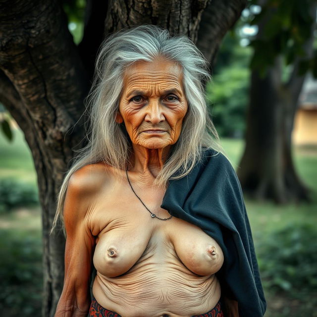 An 80-year-old Thai woman standing under a tree, exhibiting a long hair and an angry expression on her face