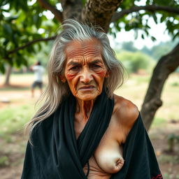 An 80-year-old Thai woman standing under a tree, exhibiting a long hair and an angry expression on her face