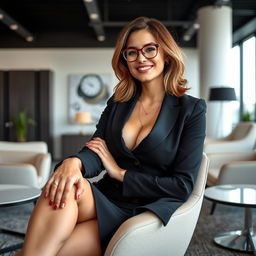 A 22-year-old buxom female secretary, sitting on a chair with her legs crossed and a sexy smile