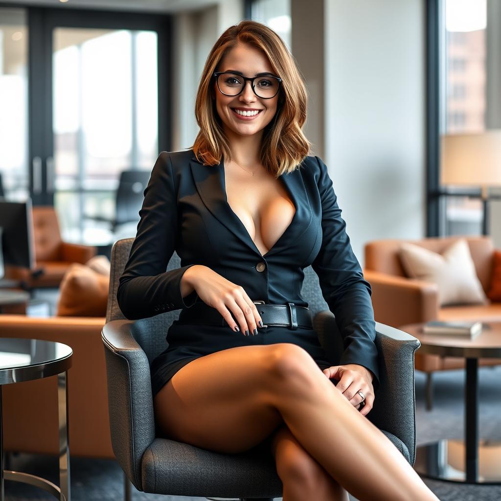 A 22-year-old buxom female secretary, sitting on a chair with her legs crossed and a sexy smile