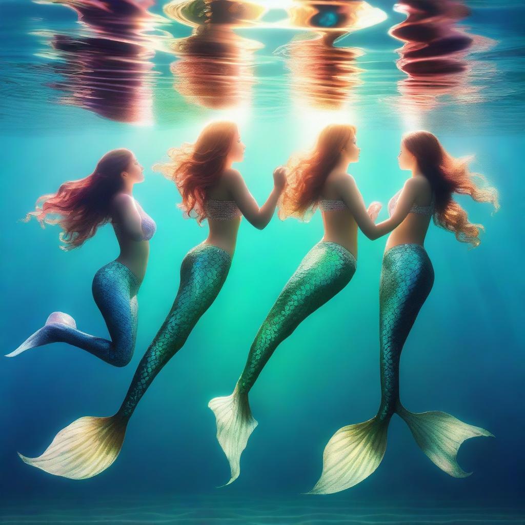 A group of graceful mermaids swimming together underwater, their tails sparkling in the refracted sunlight.