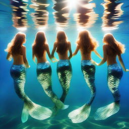 A group of graceful mermaids swimming together underwater, their tails sparkling in the refracted sunlight.