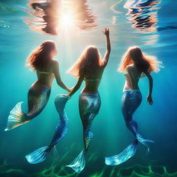 A group of graceful mermaids swimming together underwater, their tails sparkling in the refracted sunlight.