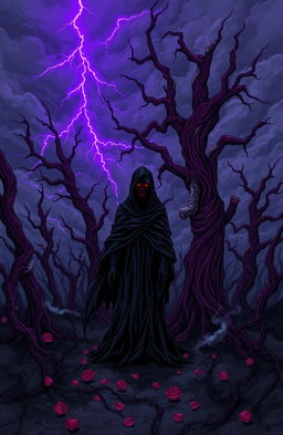 A mysterious and haunting illustration titled 'Rosmania', depicting an enchanting dark landscape filled with twisted, gnarled trees, their bark a shade of deep crimson