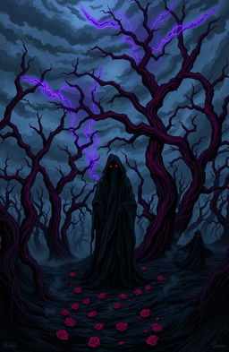 A mysterious and haunting illustration titled 'Rosmania', depicting an enchanting dark landscape filled with twisted, gnarled trees, their bark a shade of deep crimson