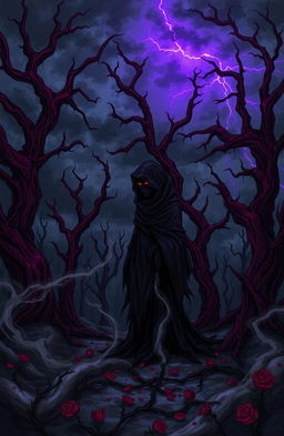 A mysterious and haunting illustration titled 'Rosmania', depicting an enchanting dark landscape filled with twisted, gnarled trees, their bark a shade of deep crimson