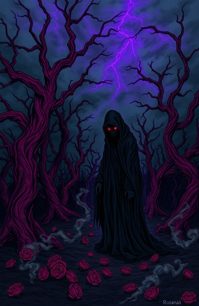 A mysterious and haunting illustration titled 'Rosmania', depicting an enchanting dark landscape filled with twisted, gnarled trees, their bark a shade of deep crimson