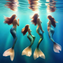 A group of graceful mermaids swimming together underwater, their tails sparkling in the refracted sunlight.