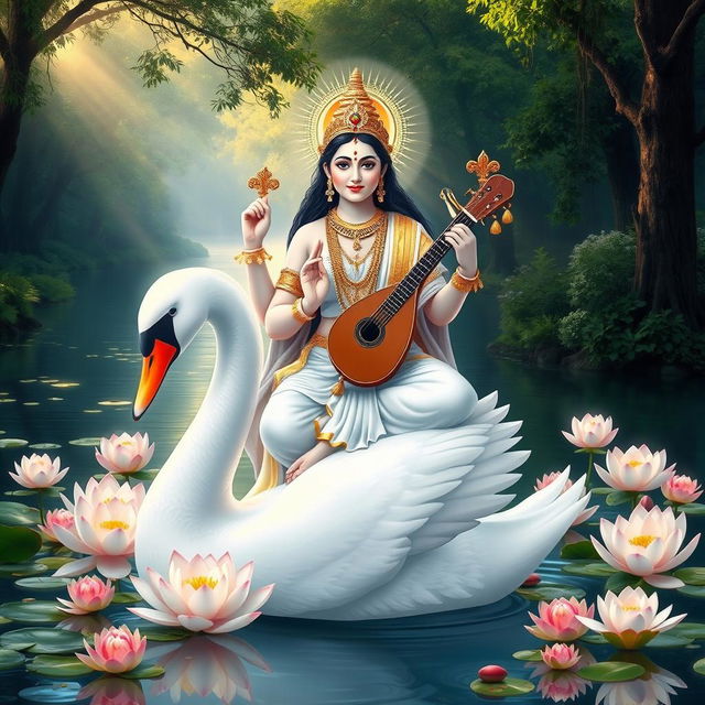 A serene and majestic depiction of Goddess Saraswati, the Hindu goddess of knowledge, music, art, wisdom, and learning