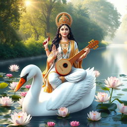 A serene and majestic depiction of Goddess Saraswati, the Hindu goddess of knowledge, music, art, wisdom, and learning