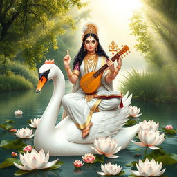 A serene and majestic depiction of Goddess Saraswati, the Hindu goddess of knowledge, music, art, wisdom, and learning