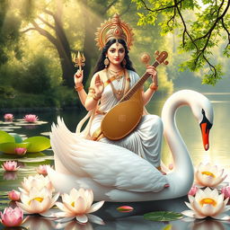 A serene and majestic depiction of Goddess Saraswati, the Hindu goddess of knowledge, music, art, wisdom, and learning