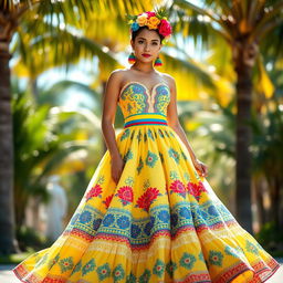 A stunning dress inspired by Dominican cultural elements, featuring vibrant colors such as bright yellow, blue, and red