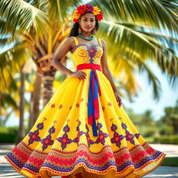 A stunning dress inspired by Dominican cultural elements, featuring vibrant colors such as bright yellow, blue, and red
