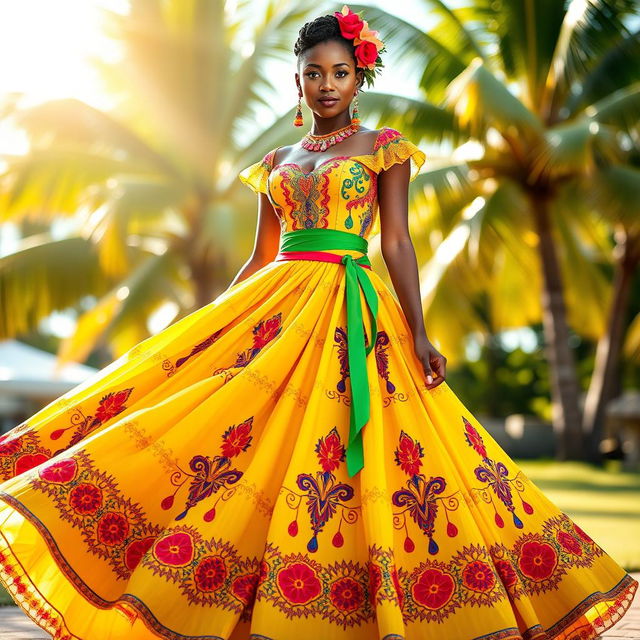 A stunning dress inspired by Dominican cultural elements, featuring vibrant colors such as bright yellow, blue, and red