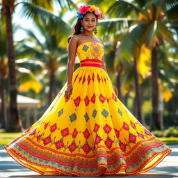A stunning dress inspired by Dominican cultural elements, featuring vibrant colors such as bright yellow, blue, and red