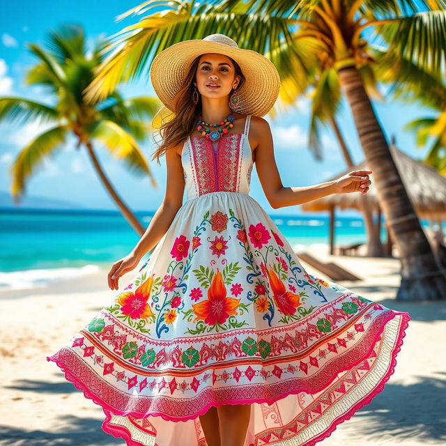 A beautiful dress inspired by the cultural elements of the Dominican Republic, featuring vibrant colors and traditional patterns