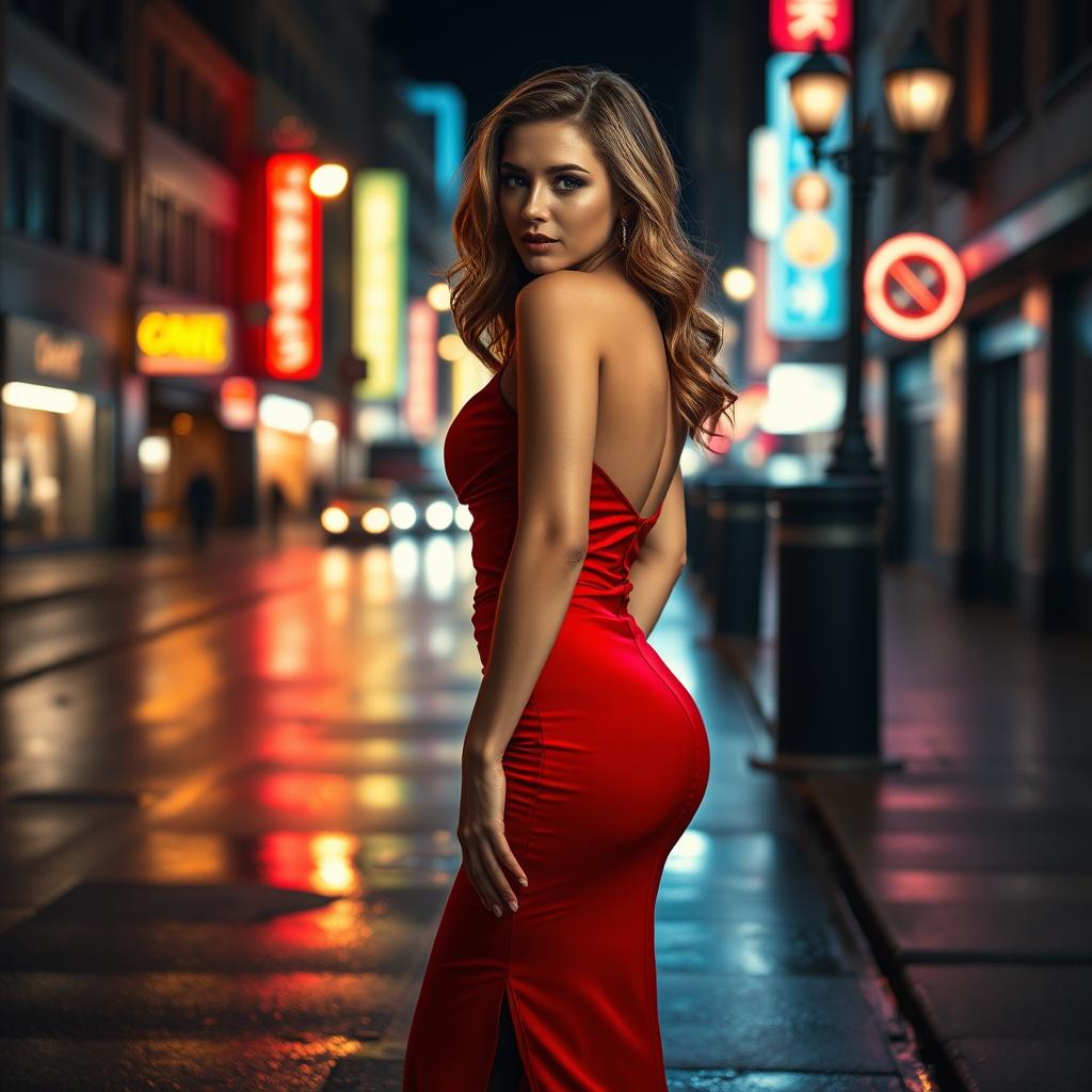 A sultry, confident woman in a stunning red dress with a plunging neckline, standing on a city street at night