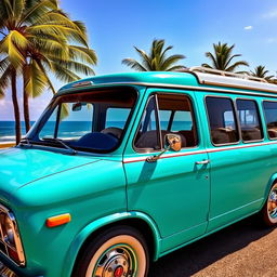 A vintage 1977 Chevrolet Caravan, showcasing its classic design with a glossy turquoise exterior, chrome details, and retro-style large windows