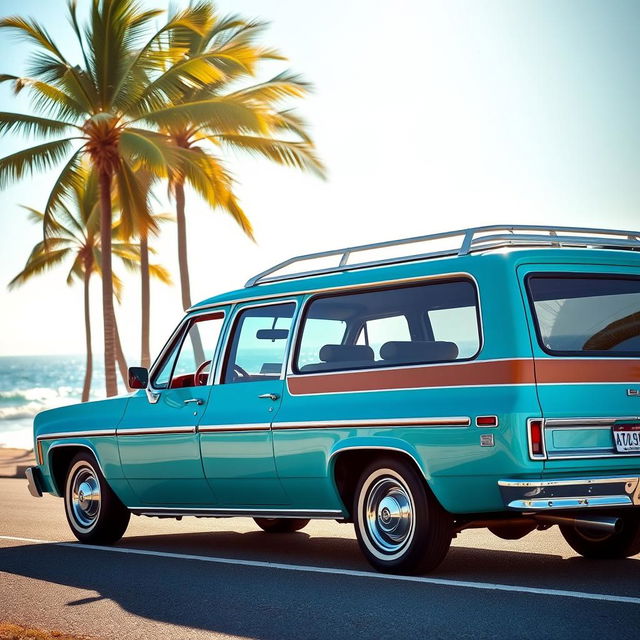 A vintage 1977 Chevrolet Caravan, showcasing its classic design with a glossy turquoise exterior, chrome details, and retro-style large windows