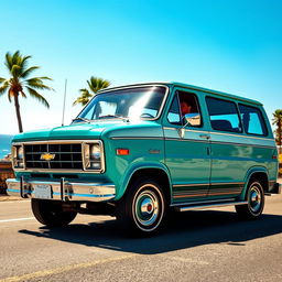 A vintage 1977 Chevrolet Caravan, showcasing its classic design with a glossy turquoise exterior, chrome details, and retro-style large windows