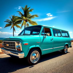 A vintage 1977 Chevrolet Caravan, showcasing its classic design with a glossy turquoise exterior, chrome details, and retro-style large windows