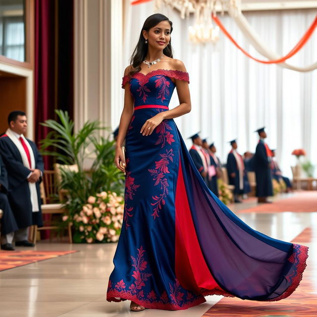 An elegant dress inspired by the cultural elements of the Dominican Republic, perfect for an international graduation ceremony